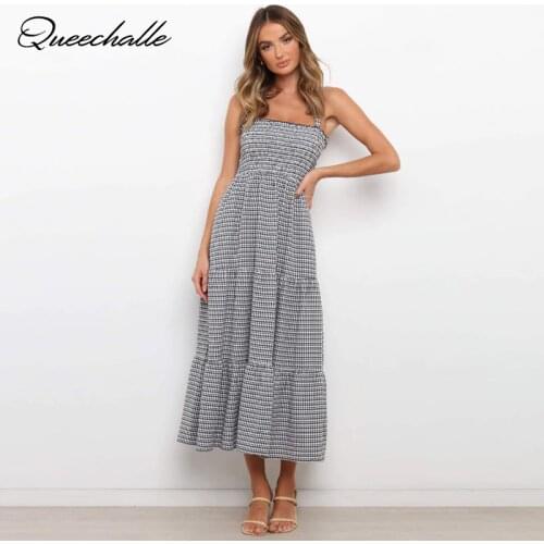 Casual Plaid Dress 2021 Summer Womens Spaghetti Strap Elastic Chest Pleated Dress Wrapped Elegant Maxi Dresses Female Sundress