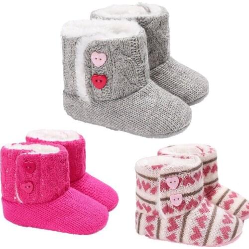 Winter Warm Cute Baby Boy Girl Infant Toddler Boots Shoes Heart Print Soft Knitted Slippers 0-18M 3 Style