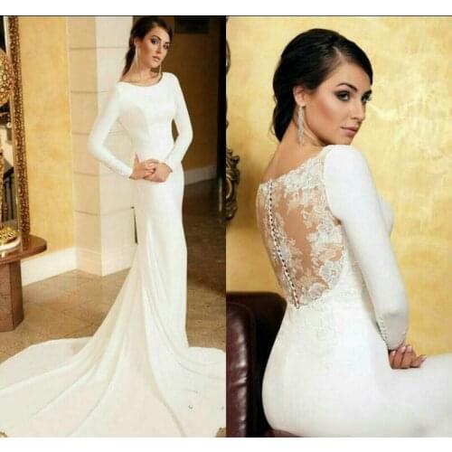 2021 Scoop Long Mermaid Simple Satin Wedding Dresses Lace Natural Slim Bridal Gowns Custom Made Formal Robe De Mariee