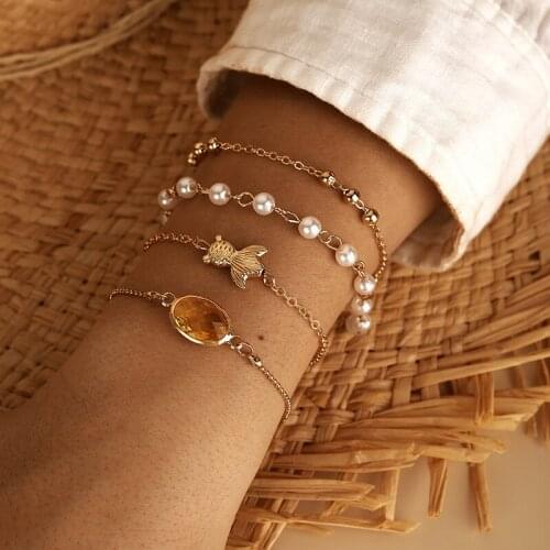 4pcs/set Bohemia Beach Collection Sea Charms Golden Plating pearl Goldfish Charm Bracelet Set