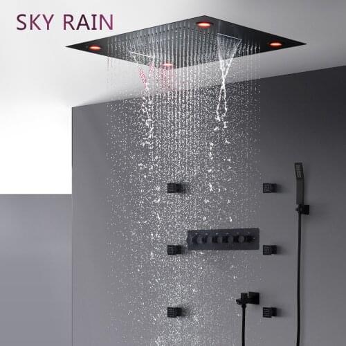 SKY RAIN Bathroom Matte Black Luxury Shower Head High Flow Thermostatic Valve Multi Function SPA LED Shower Set