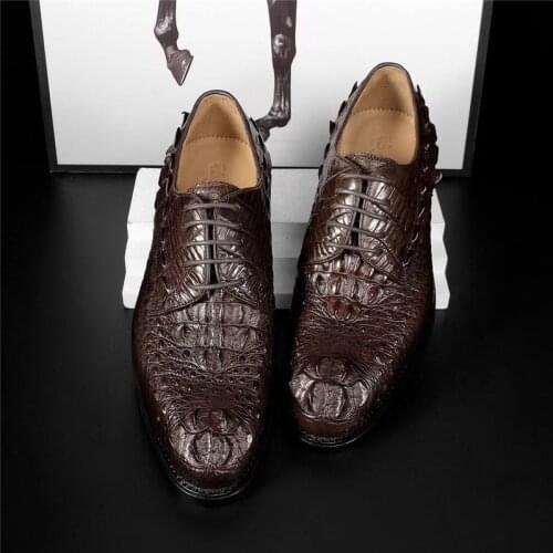 Authentic Crocodile Skin Pointed Toe Mens Brown Dress Shoes Genuine Exotic Alligator Leather Male Formal Lace-up Oxford Shoes