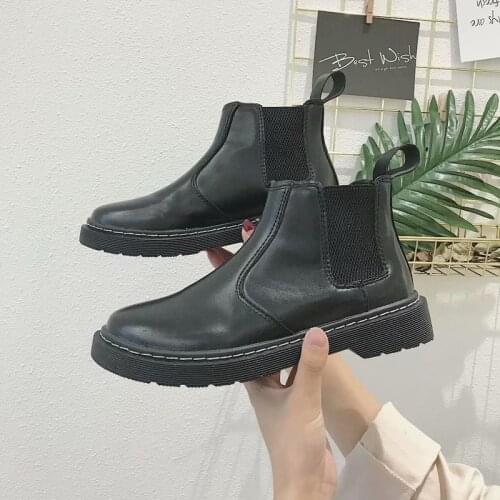 England Style Ankle Boots Slip On Low Heels Leather Shoes Women Round Toe Chelsea Student Booties Shoes