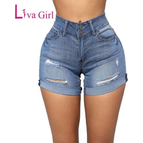 LIVA GIRL 2019 Summer Women High Waist Short Jeans Faded Wash Ultrashort Turn-up Casual Bodycon Hole Pocket Hot Bottom For Women