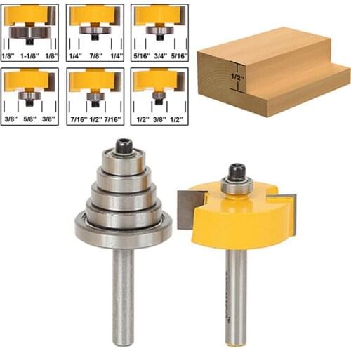 HOEN 1pcs 1/4" Shank Woodworking Milling Cutter With 7 Bearings Rabbet Router Bit Set Adjustable Width