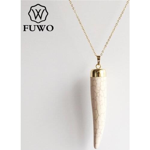 FUWO Trendy Women Natural Howlite Necklace Genuine Gold Electroplated White Quartz Longhorn Charm Jewelry Wholesale NC070