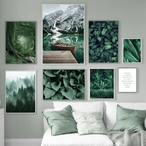 Green Lake Boat Mountain Forest Banana Leaves Canvas Painting Nordic Posters and Prints Wall Art Pictures for Living Room Decor