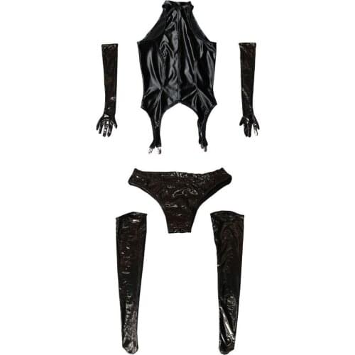 4pcs/set Cosplay Anime Maid Costume Interest Sexy Suit PVC Wetlook Catsuit Tight Clothe Erotic Bodysuit Panties Gloves Stocking