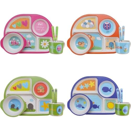 5 Pcs Bamboo Fiber Kids Tableware Set Division Sections Dinner Plate+Bowl+Spoon+Fork+Water Cup Kit