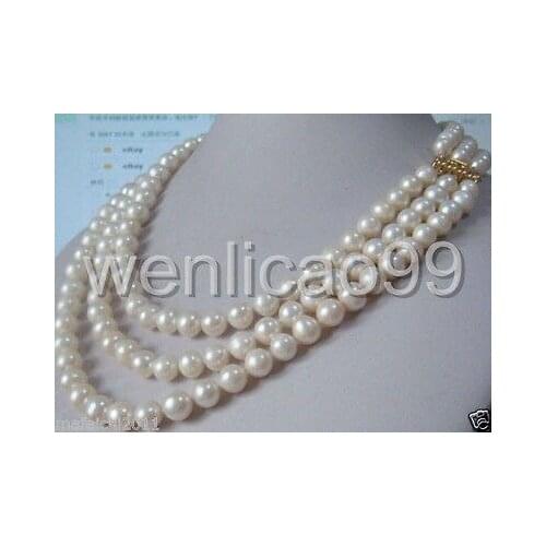 Charming 3 Row Natural 8-9mm AA++ White South Sea Pearl Necklace 17-19"