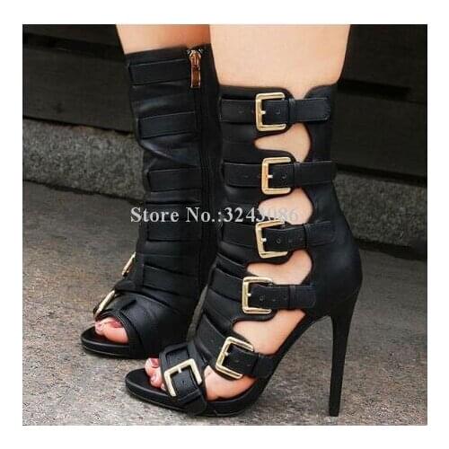 Sexy Hollow Out Buckle Strap Woman Leather Platform Sandals Snakeskin Stiletto Heels Pumps Large Size Celebrity Banquet Shoes
