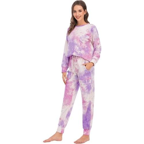 Tie Dye Pajamas Set Long Sleeve for Women Two Pieces Autumn Winter Gradient Long Sleeve Long Pants Soft Two Piece