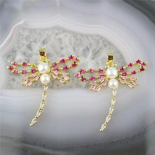 38*33mm 10pcs/lot Fashion colorful cz pendant,dragonfly shape cubic zircon with freshwater pearl charm,neckalce making component