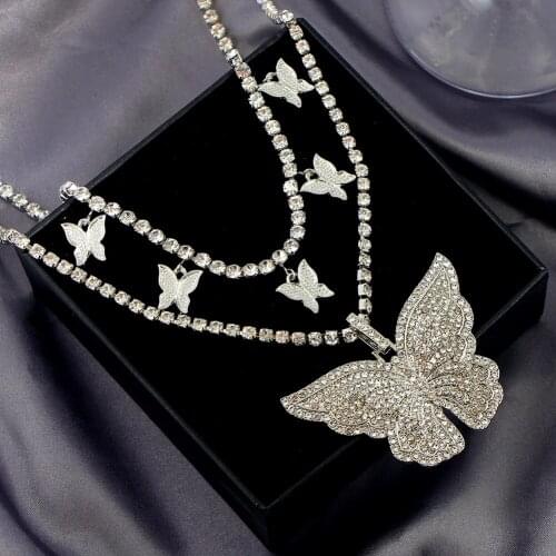 JUST FEEL Bling Rhinestone Link Chain Choker Necklace Women High Quality Crystal Big Butterfly Pendant Necklace Fashion Jewelry