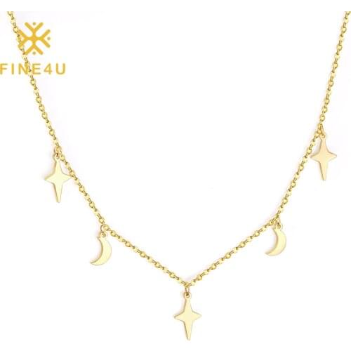 FINE4U Simple Dainty Choker Necklace Stainless Steel Star Moon Pendant Necklace for Women Teen Girl