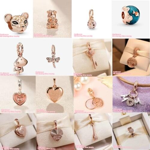 925 Sterling Silver Beads Rose Gold Mushrooms Dragonfly Family Roots Regal Key Dora Bear Sparkling Lion Princess Pendant Charm