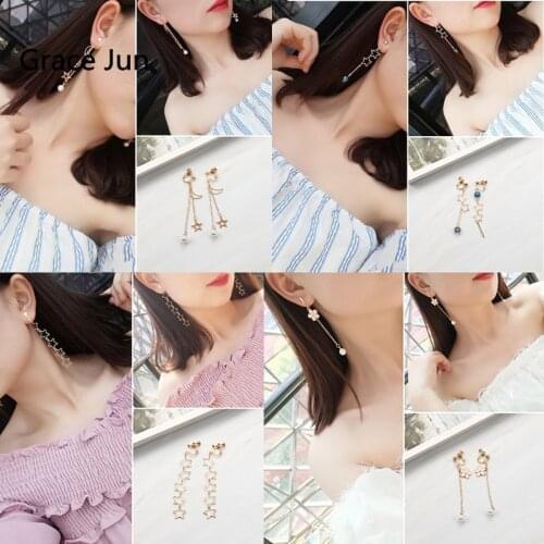 Grace Jun 19 Colors Available Star Flower Tassel Clip on Earrings No Pierced for Girl Fashion Party Wedding No Ear Hole Earrings