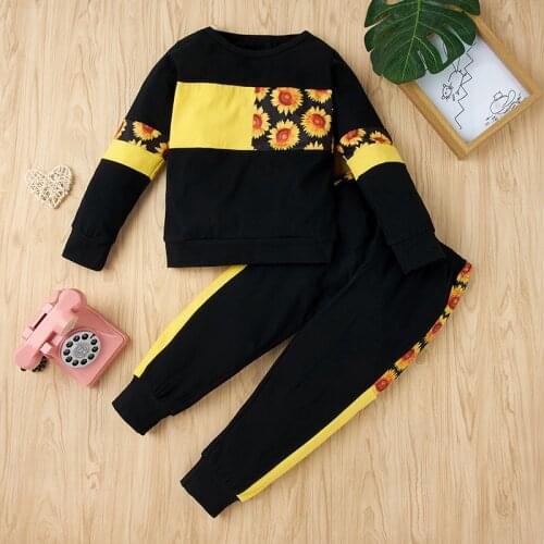 Spring And Autumn Winter Childrens Two Piece Ins Black Sunflower Fashion Comfortable Long Sleeve Pants Boys Girls Suit Cotton