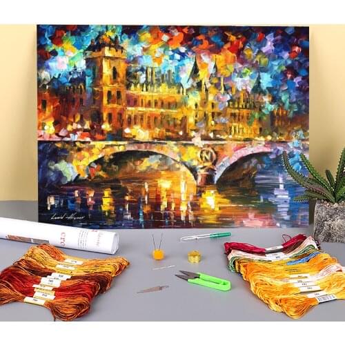 River City Printed Water-Soluble Canvas 11CT Cross Stitch Full Kit DIY Embroidery DMC Threads Handiwork Handmade Stamped