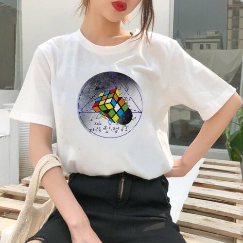 Atumen Womens T-shirt Cartoon O-Neck Short Sleeve Rubiks Cube and Trigonometry Printed Exquisite Fashion Tshirt Soft Girl Top