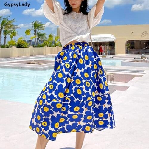GypsyLady Floral Print Pleated Boho Skirt 100% Cotton Summer Women Long Skirts Ruffles Elastic Waist Holiday Pocket Chic Skirt