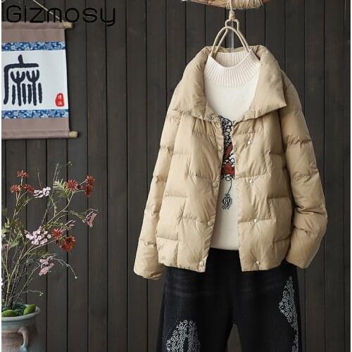 Gizmosy 2021 Stand-up Collar Simple Lightweight Down Jacket Winter Women Loose White Duck Down Short Coat Female Warm Parkas