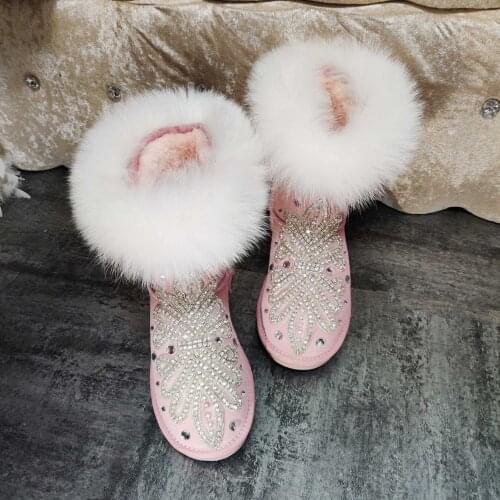 Handmade leather fox fur rhinestones waterproof non-slip rubber soles womens snow boots mid-tube cotton shoes