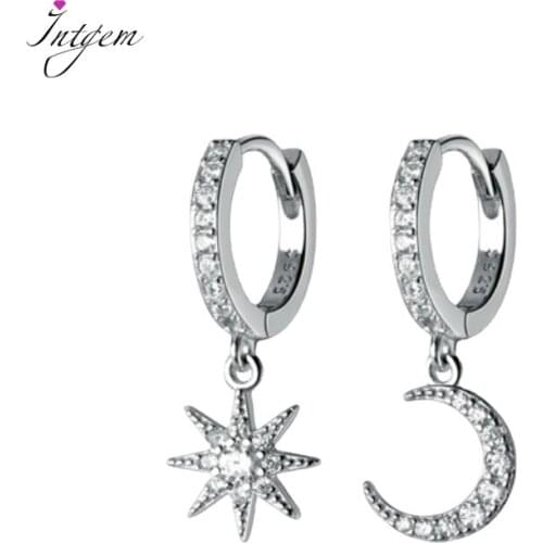 100% S925 Real Sterling Silver Women Hoop Earrings Asymmetric Single Diamond Star Micro-set Moon Earrings Jewelry Gift for Women
