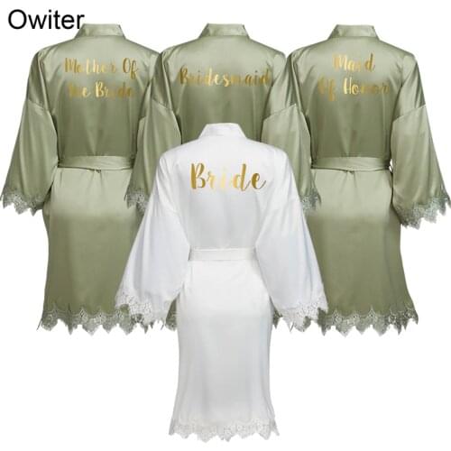 Owiter GREEN Women Matt Satin Robe with Lace Trim Robe Kimono Bridal Wedding Robe Bride Bridesmaid Robes Bathrobe Sleepwear