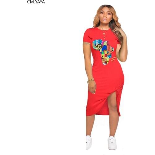 CM.YAYA Women Summer O-neck Short Sleeve Cartoon Print Stacked Tie Up Split Bodycon Midi Dress Fashion Tee Dresses