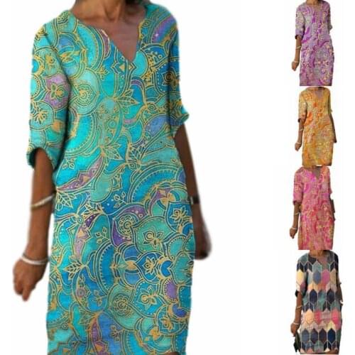 V-Neck Half Sleeved Dress Womens Multicolor Vintage Printed Dresses 2021 Summer Casual Loose Mid-length Female Vestido De Mujer
