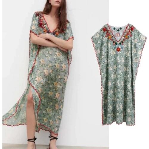 Za Dress Woman 2021 Vintage V Neck Summer Dress Women Fashion Embroidery Floral Hem Split Female Midi Dresses Vestidos