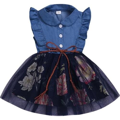 2021 0-4Y Korean Summer Sleeveless Girls Dress Toddler Baby Fashion Ruffles Denim Mesh Yarn Stitching A-line Princess Dress