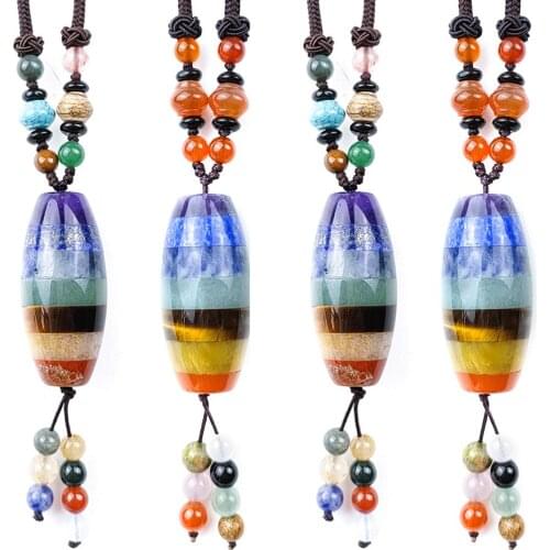 45cm 20x40mm Natural Crystal Gem Agate Seven Chakras Elliptical Bucket Bead Pendant Sweater Chain Healing Yoga Energy Necklace