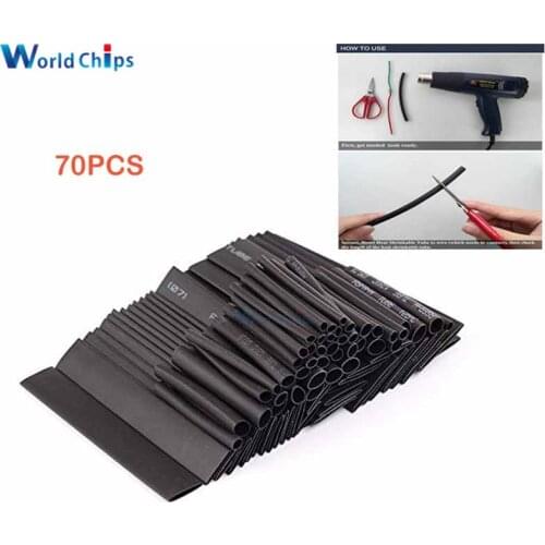 70pcs/lot Polyolefin 2:1 Shrinking Assorted Insulation Heat Shrink Tube Wire Cable Insulated Black Sleeving Heat Shrink Tubing