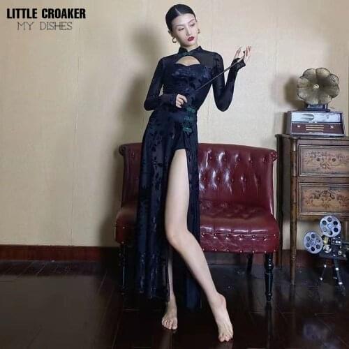 Black Chinese Elegant Dress for Women Vintage Mandarin Collar Female Sexy High Split Long Sleeve Slim Qipao Classic Cheongsam