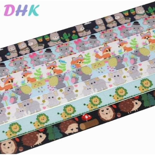 DHK 5/8'' 5yards alpaca elephant fox lion printed Fold Elastic FOE stretch ribbon hairbow headwear headband DIY OEM C1765