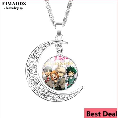 FIMAODZ My Hero Academia Necklace Anime Cartoon Figure Glass Cabochon Alloy Pendant Moon Necklaces Fans Gift Jewelry