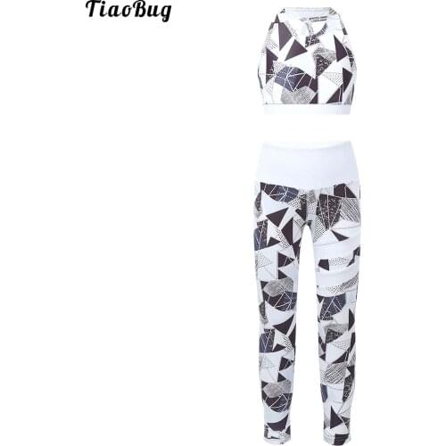 Summer Girls Two Pieces Yoga Sport Suits Printed Sleeveless Inverted V-Shaped Back Crop Tank Top With High Waist Leggings Sets