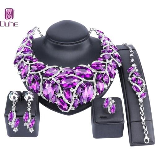 OUHE Fashion Indian Jewellery Bohemia Purple Crystal Necklace Sets Bridal Jewelry Brides Party Wedding Accessories Decoration