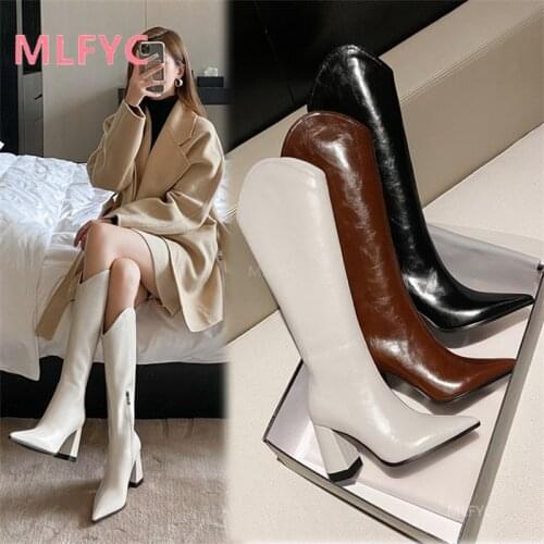 Soft leather boots female high-heeled rider boots white high-heeled boots thick heel pointed western boots boots show thin legs