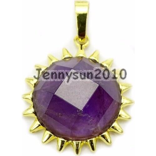 Natural Ame-thyst Gems Stone Sun Reiki Chakra Healing Pendant Charm Crystal Beads Stainless Steel 10Pcs/Pack