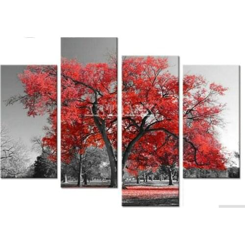 New 5d diy diamond painting tree icon red leaves full square drill diamond embroidery landscape mosaic painting 4pcs / set