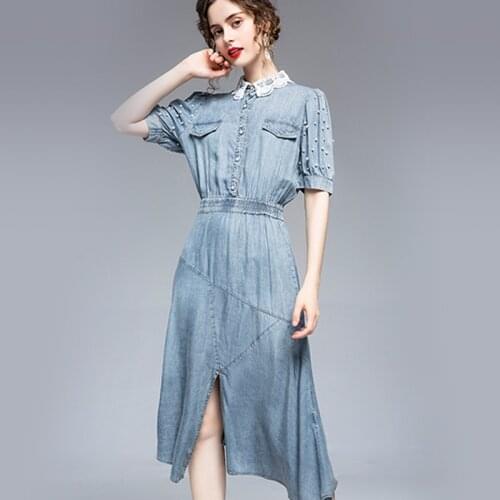New Denim Dress Women Spring Summer 2021 Fashion Elegant Lace Patchwork Embroidered Flares Empire Waist Irregular Long Dress