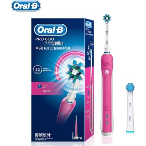 Oral B Electric Toothbrush PRO600 D16 Adult Teeth Whitening Rechargeable 1 holder+2 heads Pink Blue Timer Electric Tooth Brushes