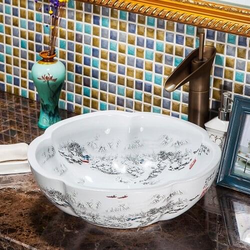 White Snow mountain pattern Counter Top ceramic bathroom sinks wash basin chinese porcelain shampoo bowl sink