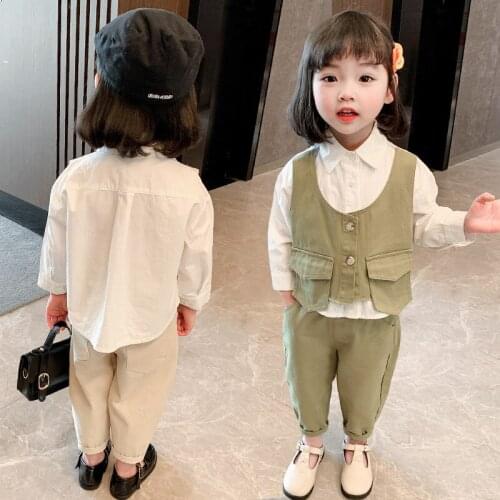 Girls Shirt Vest Fake Three Piece Set 2021 Spring Autumn New Children Fashion Little Girl Shirt + Long Pants 2 Pcs/Sets