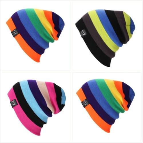 Unisex Hat Mens Winter Beanie Man Skullies Knitted Beanies Women Winter Hats Autumn Gorros Hip Hop Striped Rainbow Colors Caps