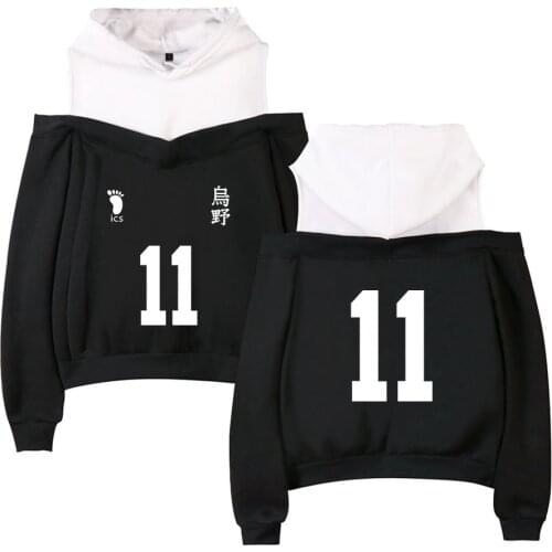 Haikyuu Off Shoulder Hoodie women sexy Top anime Haikyu Long Sleeve Pullover ladies girls patchwork Hoodies and Sweatshirts