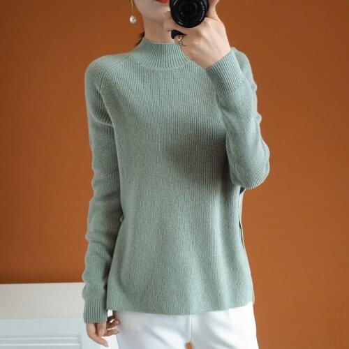 Trend High-end Womens 100% Pure Wool Sweater Half Turtleneck Pure Color Knitted Full Sleeve Loose Cashmere Sweater Home Style
